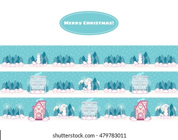 Vector winter banners with cartoon flat houses. Winter landscape, star sky, snow, snowman, pine trees, street lamp flat element for design