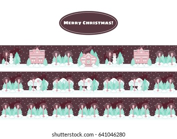 Vector winter banners with cartoon flat houses. Winter landscape, star sky, snow, snowman, pine trees, street lamp flat element for design