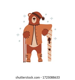 Vector winter bear in a jacket with skis in paws