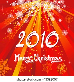 Vector winter the best Christmas postcard. New-Year's abstract red rays, twinkle star background with text 2010.