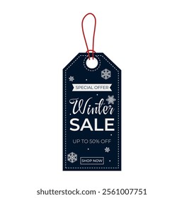 Vector winter blue sale label with stars and snowflakes white isolated background. Winter discount, special offer price tag and shop now. Winter sale up to 50% off shopping tag. Sale banner template