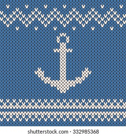 Vector winter blue and white ornament. Sweater design with anchor on the wool knitted texture