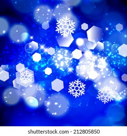 Vector winter bokeh background with snowflakes.