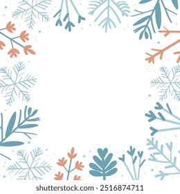 Vector Winter border with abstract plants and snow in boho style for text. Hand drawn winter illustration, floral motif. Design cards for New Year, Xmas. Background for print, paper, flyer, postcard