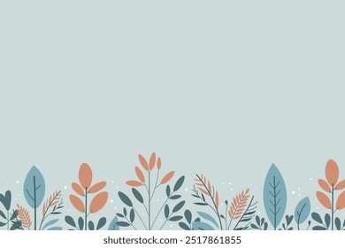 Vector Winter border with abstract plants and snow in boho style for text. Hand drawn winter illustration, floral motif. Design card for New Year, Xmas. Background for banner, paper, flyer, postcard