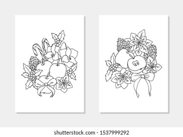 vector winter bouquet amarilis apple fruit holly poinsettia sweet cane coloring page outline illustration