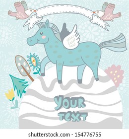 Vector Winter bright Magic illustration with Horse, snow-covered field, ribbons and cute birds. 