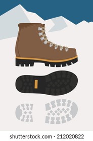 Vector winter brown classic hiking boot with sole and footprint on snowy mountain background | Mountain winter boot   