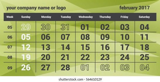 Vector winter calendar for February 2017. On the calendar displayed: year, month, day, week, a place for your company name or logo. Calendar is posted on polygonal background.
