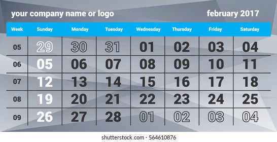 Vector winter calendar for February 2017. On the calendar displayed: year, month, day, week, a place for your company name or logo. Calendar is posted on polygonal background.