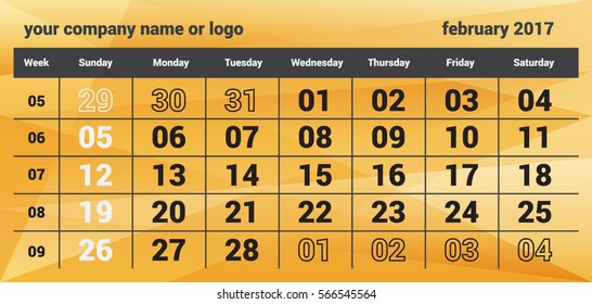 Vector winter calendar for February 2017. On the calendar displayed: year, month, day, week, a place for your company name or logo. Calendar is posted on polygonal background.