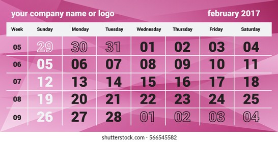 Vector winter calendar for February 2017. On the calendar displayed: year, month, day, week, a place for your company name or logo. Calendar is posted on polygonal background.