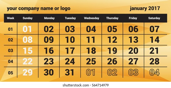 Vector winter calendar for January 2017. On the calendar displayed: year, month, day, week, a place for your company name or logo. Calendar is posted on polygonal background.