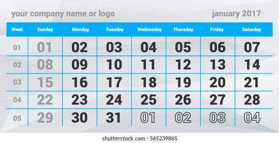 Vector winter calendar for January 2017. On the calendar displayed: year, month, day, week, a place for your company name or logo. Calendar is posted on polygonal background.