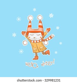 Vector winter card with cartoon rabbit and snowflakes.