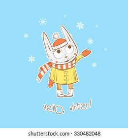 Vector winter card with cute cartoon rabbit and snowflakes.