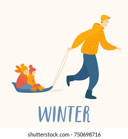 Vector Winter card with go sledging people. Family winter card.