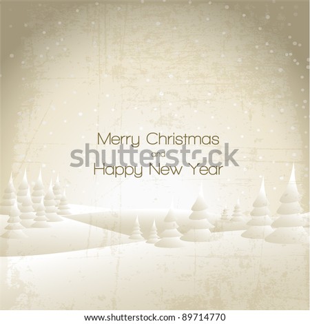 Vector Winter card with golden snowy landscape and white snowflakes
