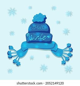 Vector winter  card with hat and scarf. Winter text, snowflakes, hat and scarf elements of design.