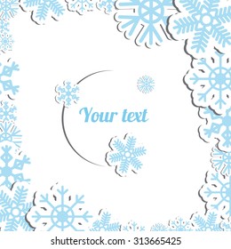 Vector winter card with paper snowflakes stickers on a white background.