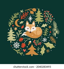 Vector winter card with sleeping fox, fir trees, branches and snowflakes. Childish background with forest animal and floral elements. Cute print with woodland cartoon character and plants.