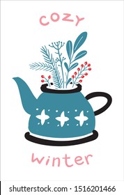 Vector winter card with teapot and branches and berries bouquet