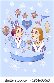 Vector winter carnival circus set characters for children and family holidays, party. Clowns, magicians. For posters, postcards, invitations. Girls in fancy dress. Bunny ears and crown on their heads