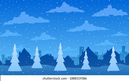 Vector winter cartoon illustration. Town in snow.