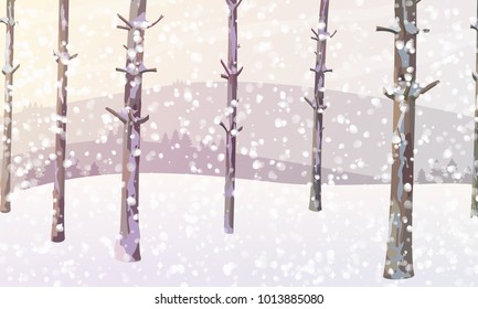vector winter cartoon snowy forest landscape illustration. Pastel Horizontal panorama. Hills, field, drifts. Landscaped handdrawn wallpaper. Simple nature background template. Outdoor concept 05