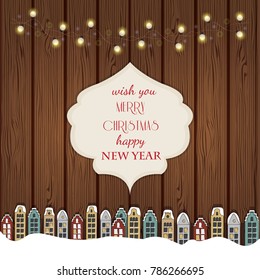 Vector winter carving illustration. Colorful christmas houses. New year scenery. Cutout paper decor. Festive card for celebration. Amsterdam winter silhouttes on wooden background