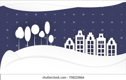 Vector winter carving illustration. New year houses and trees in snowdrifts. Cutout paper  decor. Festive card for Christmas. Creative concept. Template and mockup. Amsterdam winter houses
