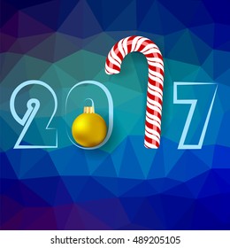 Vector Winter Christmas Blue Polygonal Background with Candy Cane and Yellow Glass Ball