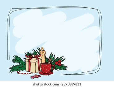Vector winter christmas card template with fir branches and christmas elements