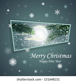 Vector Winter Christmas design. Spruce branches on the background of the moon