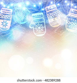 Vector winter christmas frozen background with with a silhouette of cute mittens and lights