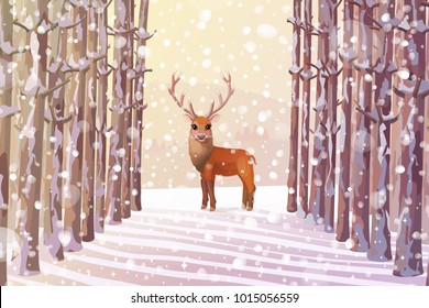 vector winter christmas illustration. Horizontal pastel cartoon snowy forest panorama & single horned Red deer. Handdrawn woodland wildlife wallpaper. Nursery wall baby decor. Wild outdoor concept