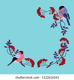 Vector winter, Christmas illustration. Rowan branches and bullfinches on a blue background. Template for postcard, web design with space for your text.