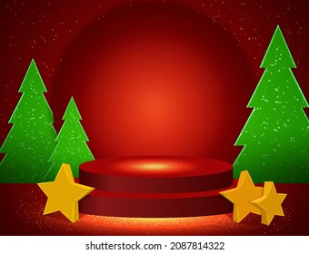 Vector winter Christmas illustration with stage pedestal, fir tree and stars on the red shine background
