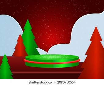 Ilustración navideña de invierno vectorial con pedestal de escenario y árboles de abeto sobre fondo de brillo rojo