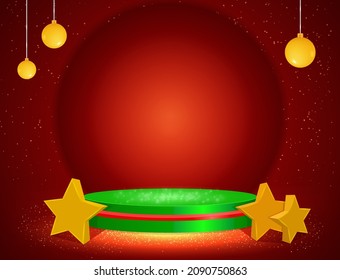 Vector winter Christmas illustration with stage pedestal and stars on red shine background
