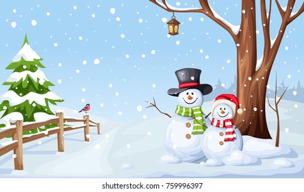 Vector winter Christmas landscape with snowmen and snowfall.