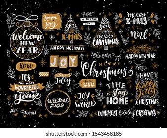 Vector winter and Christmas lettering. Holiday set with decorative Elements. Christmas tree, ball, wreath, mistletoe, gift box. Typography design. Vector illustration.