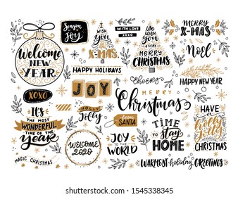 Vector winter and Christmas lettering. Holiday set with decorative Elements. Christmas tree, ball, wreath, mistletoe, gift box. Typography design. Vector illustration.