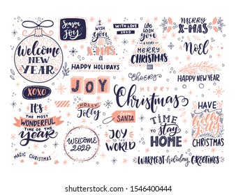 Vector winter and Christmas lettering. Holiday set with decorative Elements. Christmas tree, ball, wreath, mistletoe, gift box. Typography design. Vector illustration.