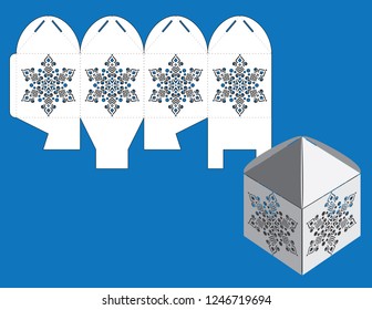 Vector winter Christmas or New Yaer gift or candy box template  with snowflake. Templates for laser or plotter cutting.