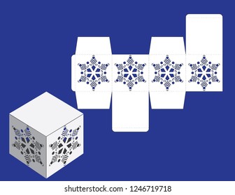 Vector winter Christmas or New Yaer gift or candy box template  with snowflake. Templates for laser or plotter cutting.