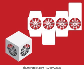 Vector winter Christmas or New Yaer gift or candy cube box template  with snowflake. Templates for laser or plotter cutting.