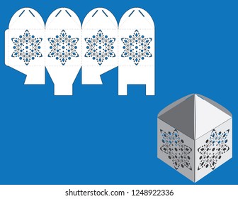 Vector winter Christmas or New Yaer gift or candy cube box template  with snowflake. Templates for laser or plotter cutting.