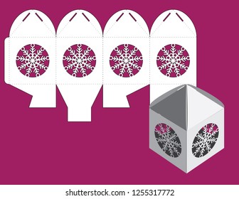 Vector winter Christmas or New Year gift or candy cube box template  with snowflake. Templates for laser or plotter cutting.
