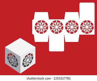 Vector winter Christmas or New Year gift or candy cube box template  with snowflake. Templates for laser or plotter cutting.
